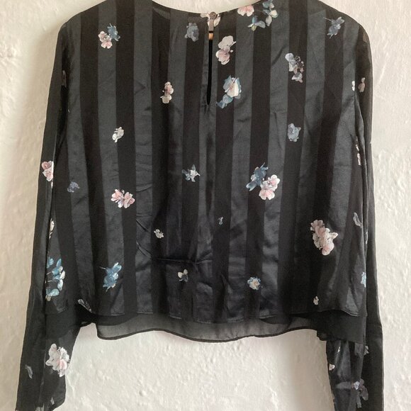 Club Monaco Floral Silk Blouse with Striped Sheer Panels in Black / Blush sz M - Picture 5 of 5